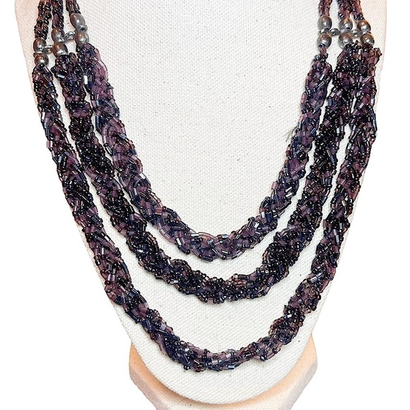 Vintage Three Tiered Braided Purple Glass & Onyx Beaded Statement Necklace - Picture 2 of 8